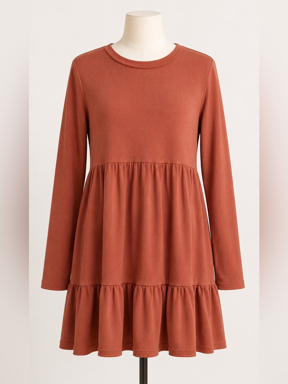 As U Wish Size L Rust Ribbed Tiered Babydoll Mini Dress Long Sleeve